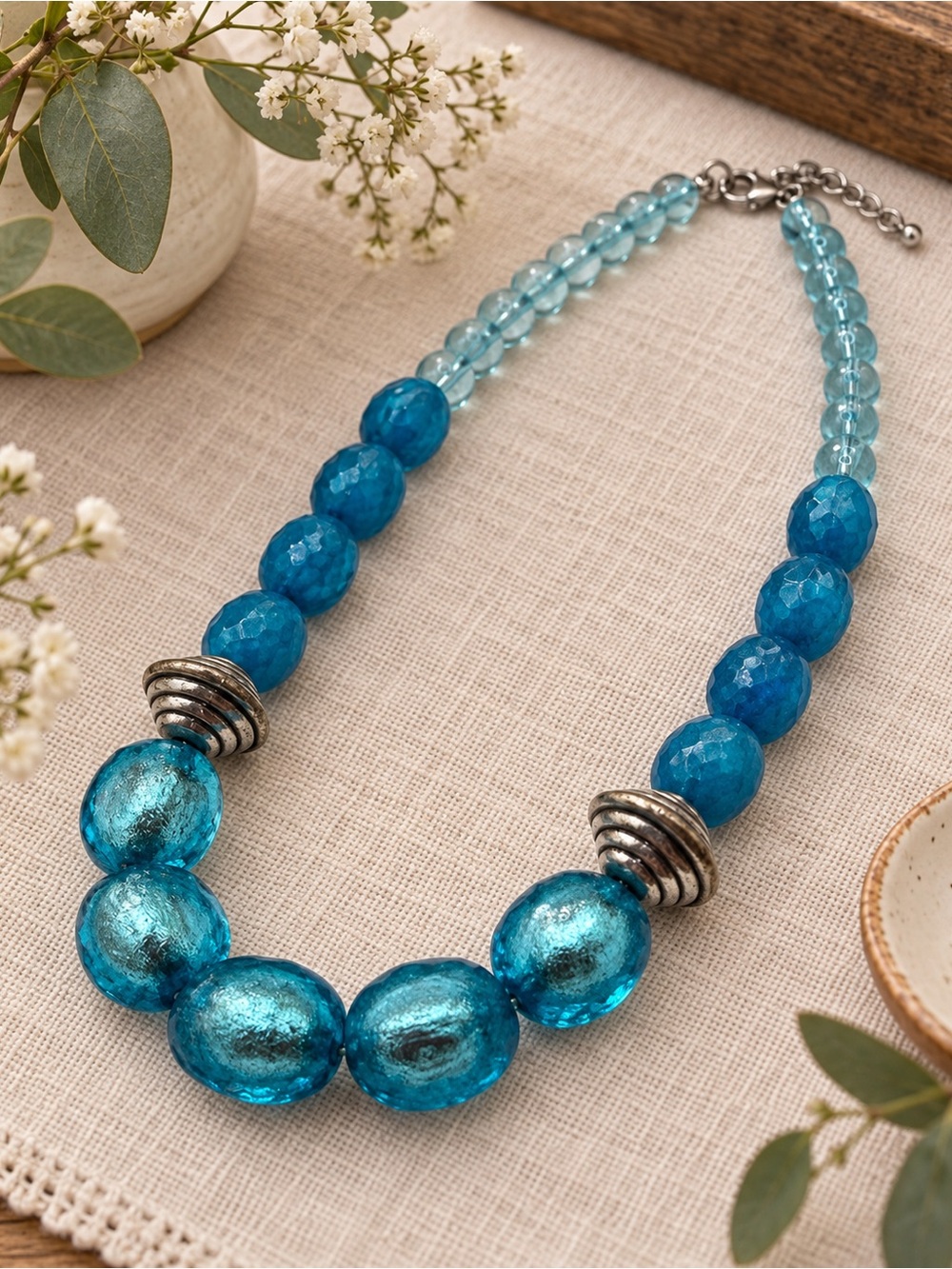 Blue Art Glass Beaded Statement Necklace
 (BN3 po)